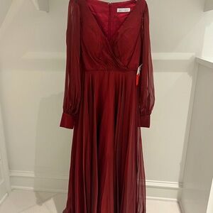 New Mac Duggal pleaded long sleeve V-neck gown